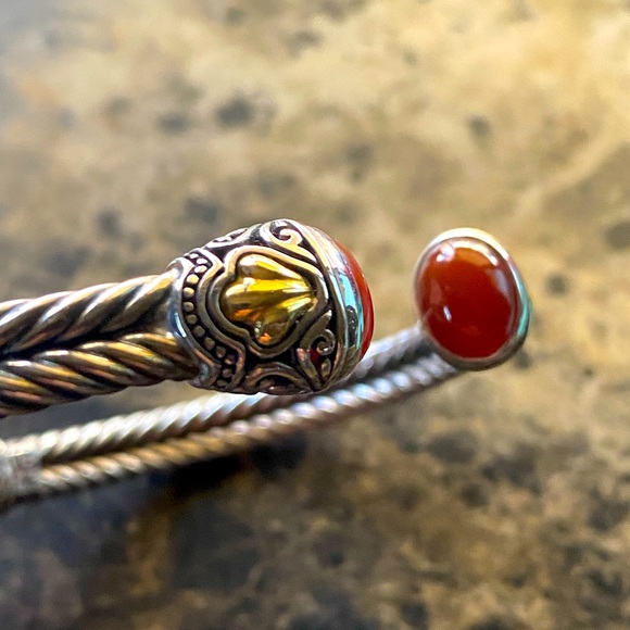 Samuel B. Sterling Silver 18K Gold with Coral Gemstones Hinged Cuff Bracelet - Picture 6 of 9